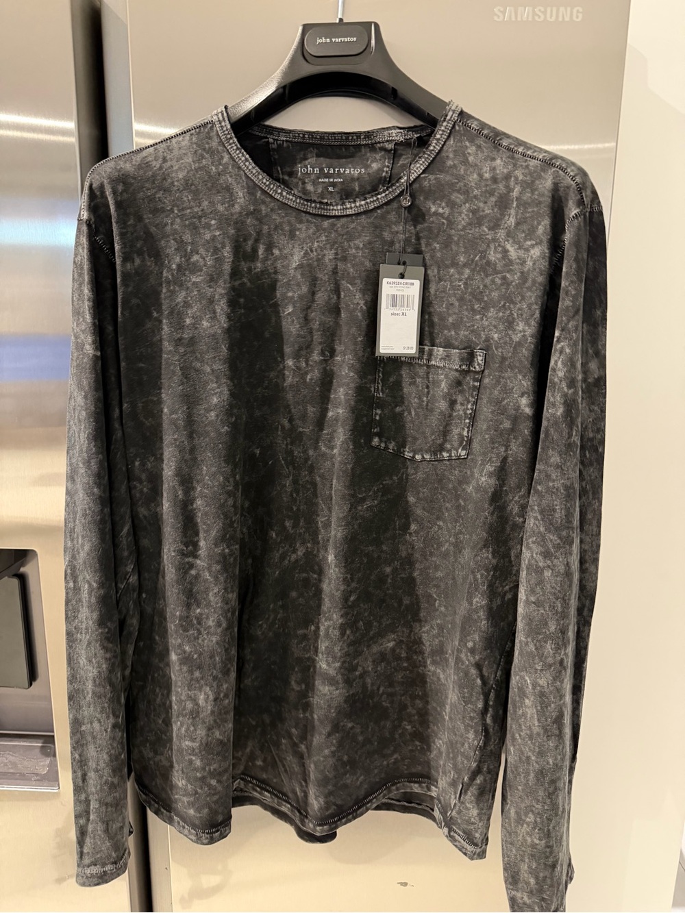 John Varvatos Long Sleeve Pocket Tee In Acid Wash Grey, NWT Size XL